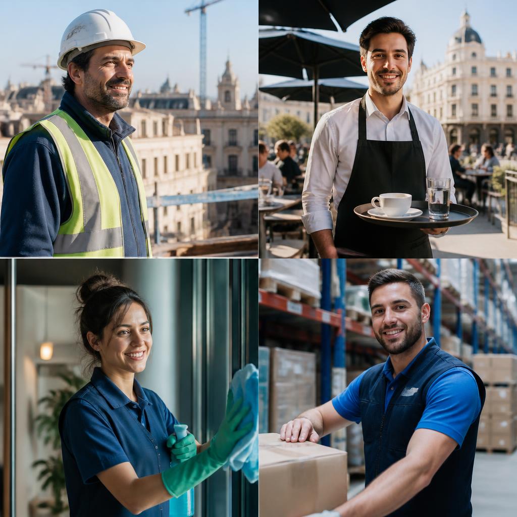 Profesionales de construcción, hostelería, limpieza y logística trabajando en Madrid